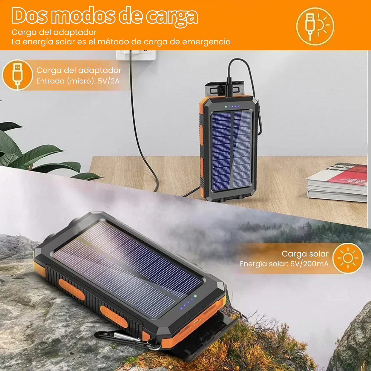 Power Bank Solar de 20000mAh: Carga rápida y resistencia total.